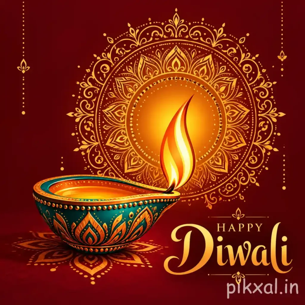 Happy Diwali wishes image featuring a decorative teal-and-gold diya, tall glowing flame, intricate golden mandala and elegant festive lettering on a deep burgundy background.