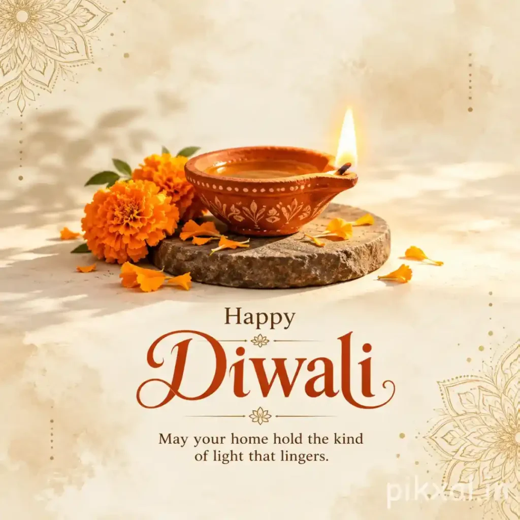 Happy Diwali wishes image featuring a hand-painted terracotta diya, orange marigold flowers, scattered petals and delicate golden mandala designs on a cream background