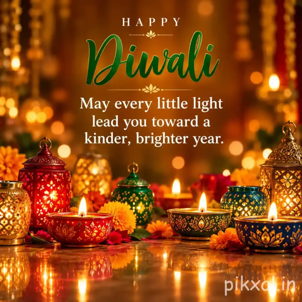 Happy Diwali wishes image with colourful decorative diyas, ornate lanterns, marigold flowers and warm golden bokeh lights with an elegant festive greeting