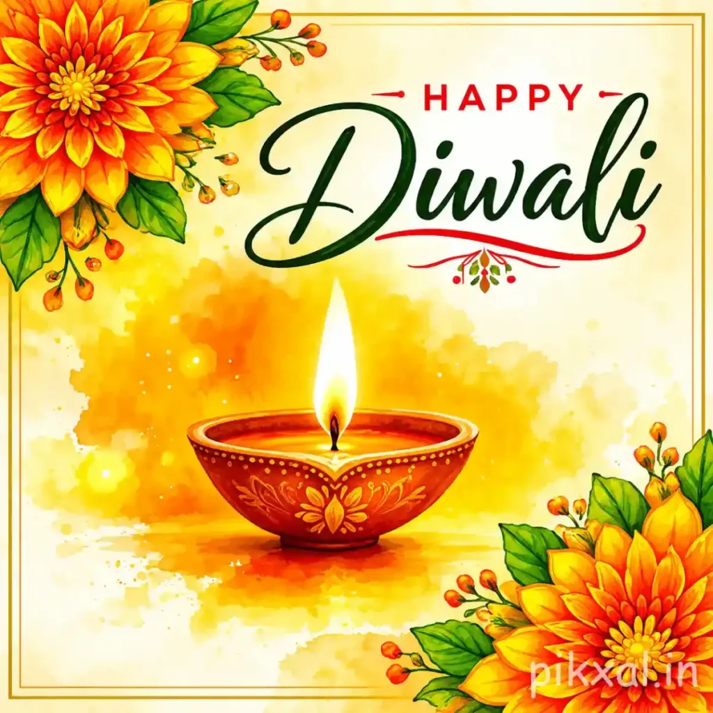 Happy Diwali wishes image with an ornate glowing diya, orange-yellow flowers, watercolor splashes and an elegant cream-and-gold festive border.
