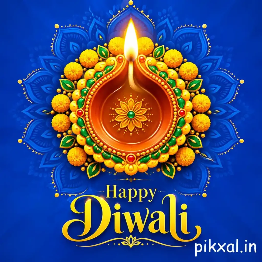 Happy Diwali wishes greeting with an ornate golden diya, yellow flowers and intricate blue decorative patterns