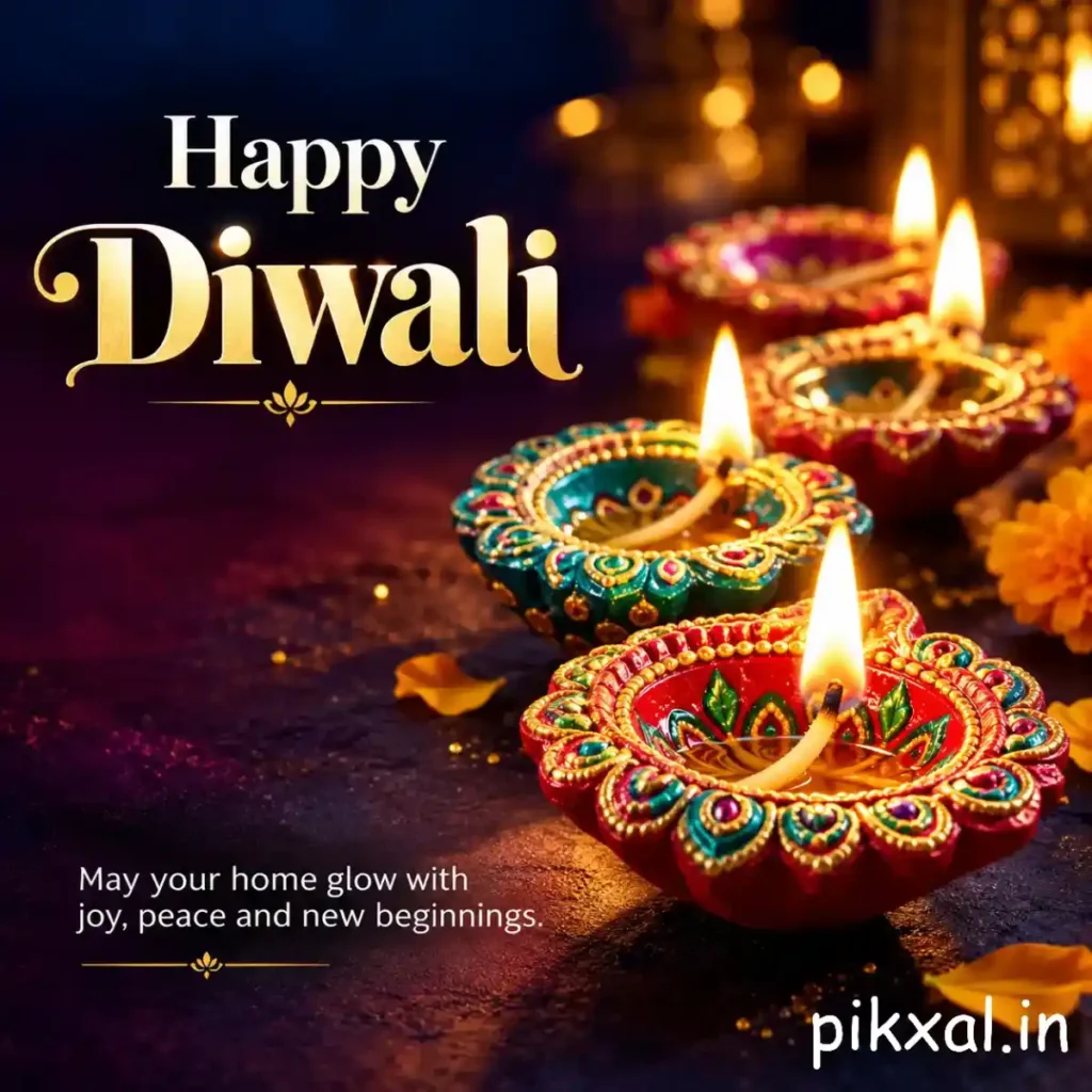 Happy Diwali wishes greeting featuring colorful decorative diyas, glowing flames and a festive message of joy and new beginnings