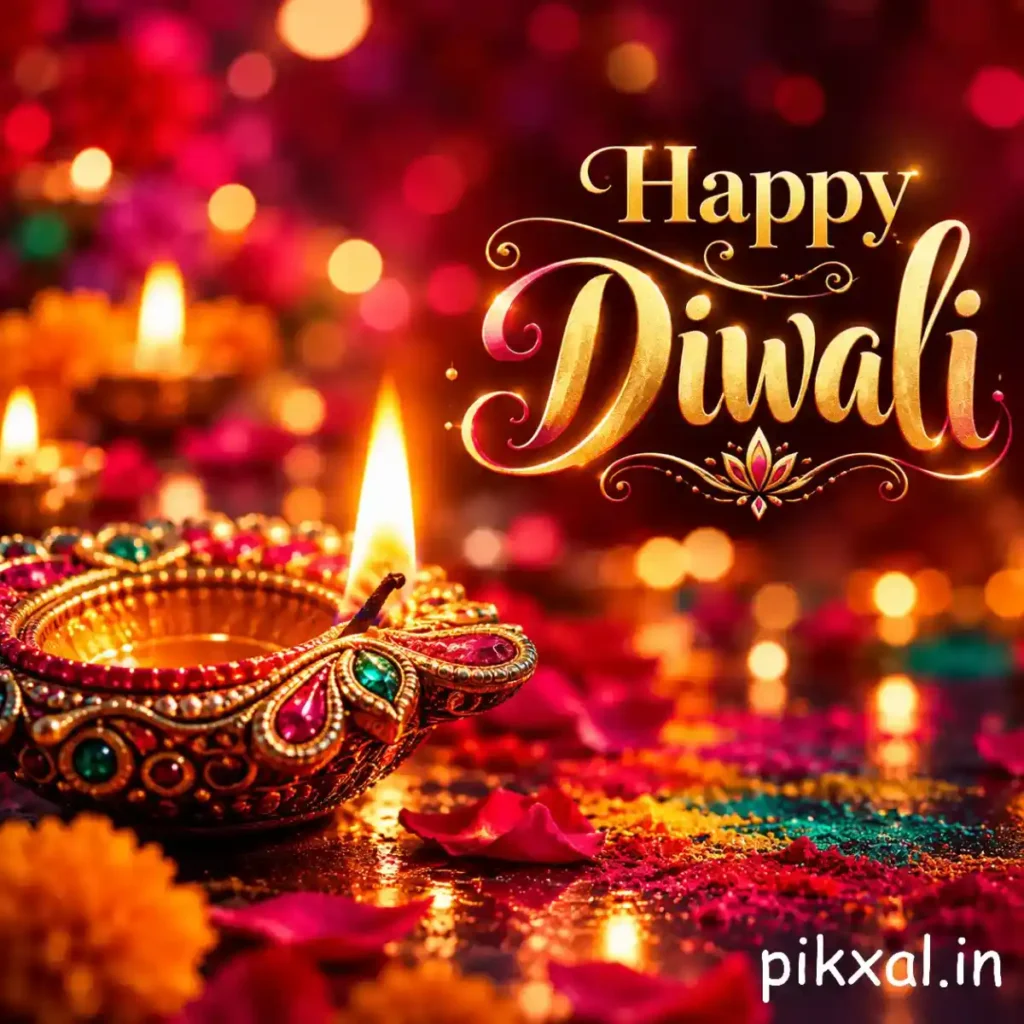 Happy Diwali wishes greeting featuring an ornate glowing diya, colorful festive lights and flower petals