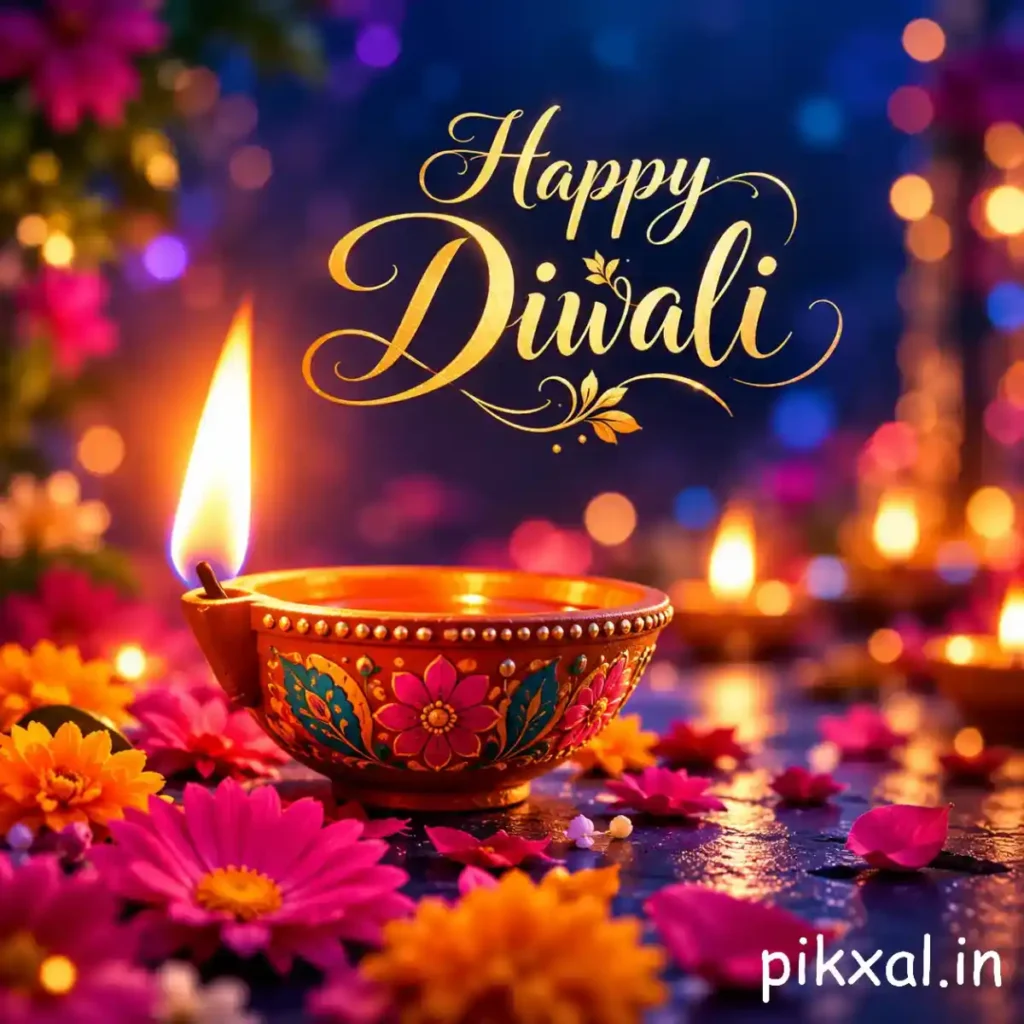 Happy Diwali wishes image featuring a colorful decorative diya, vibrant flower petals and warm festive lights