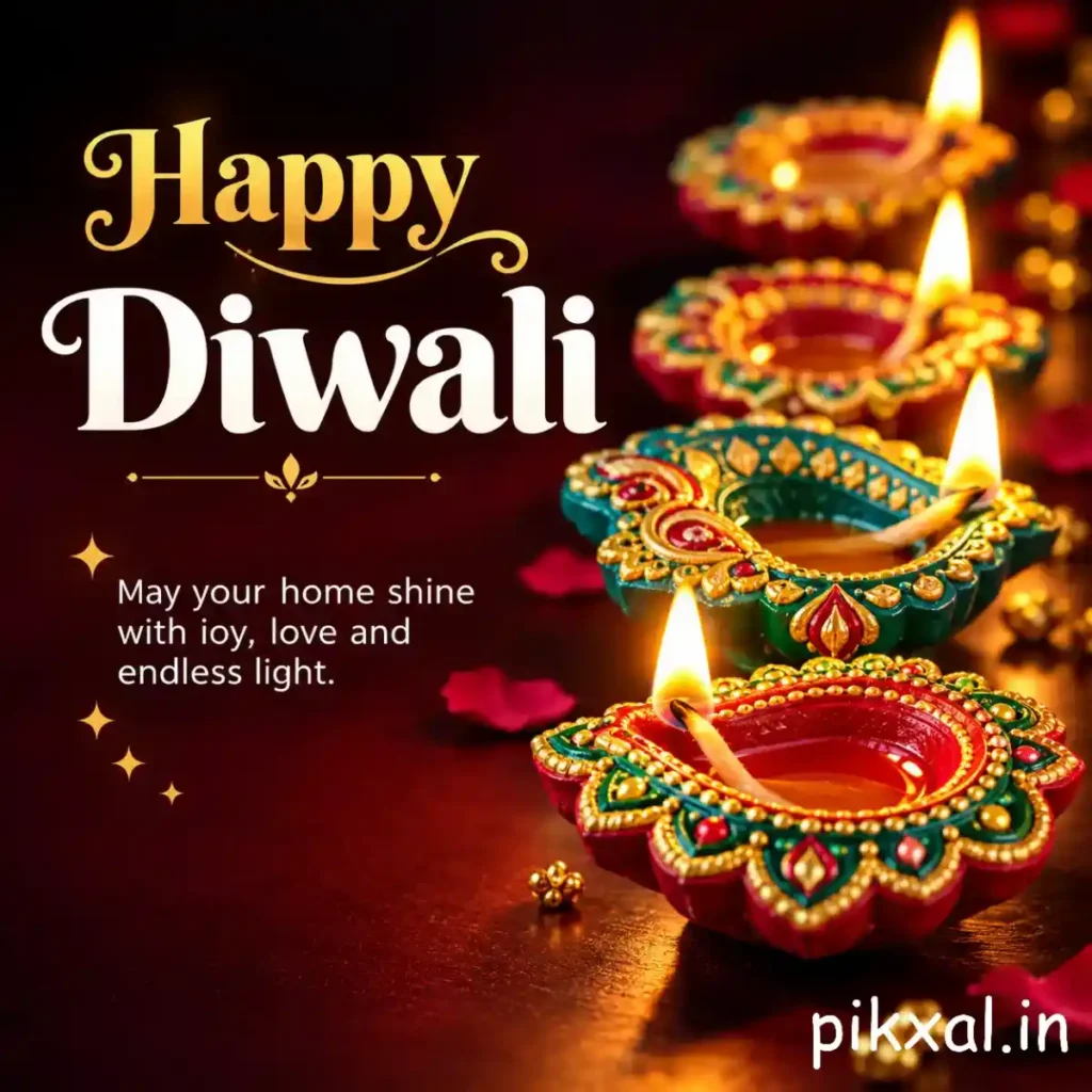 Happy Diwali wishes image featuring colorful ornate diyas and a message of love, joy and endless light
