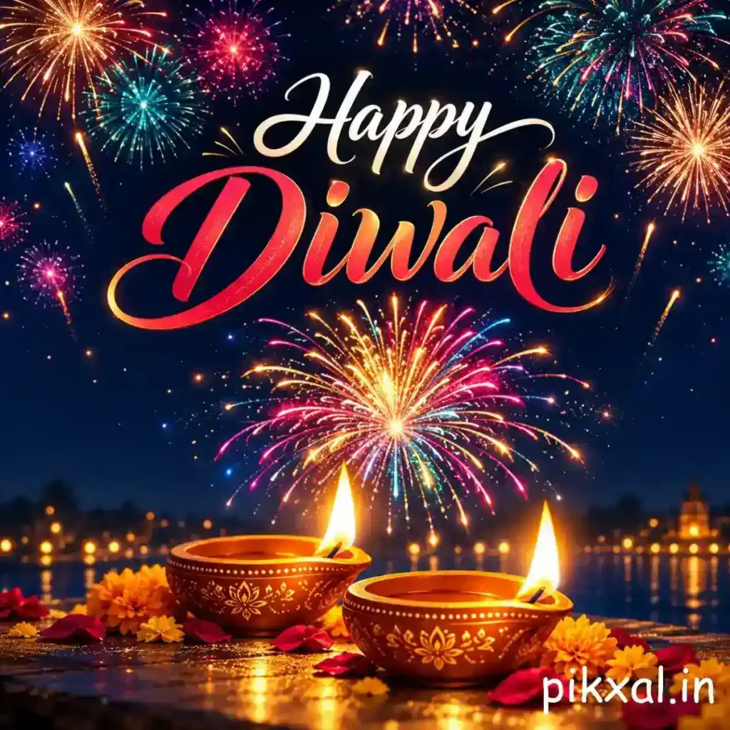 Happy Diwali wishes image featuring colorful fireworks, glowing diyas and festive lights reflecting on water