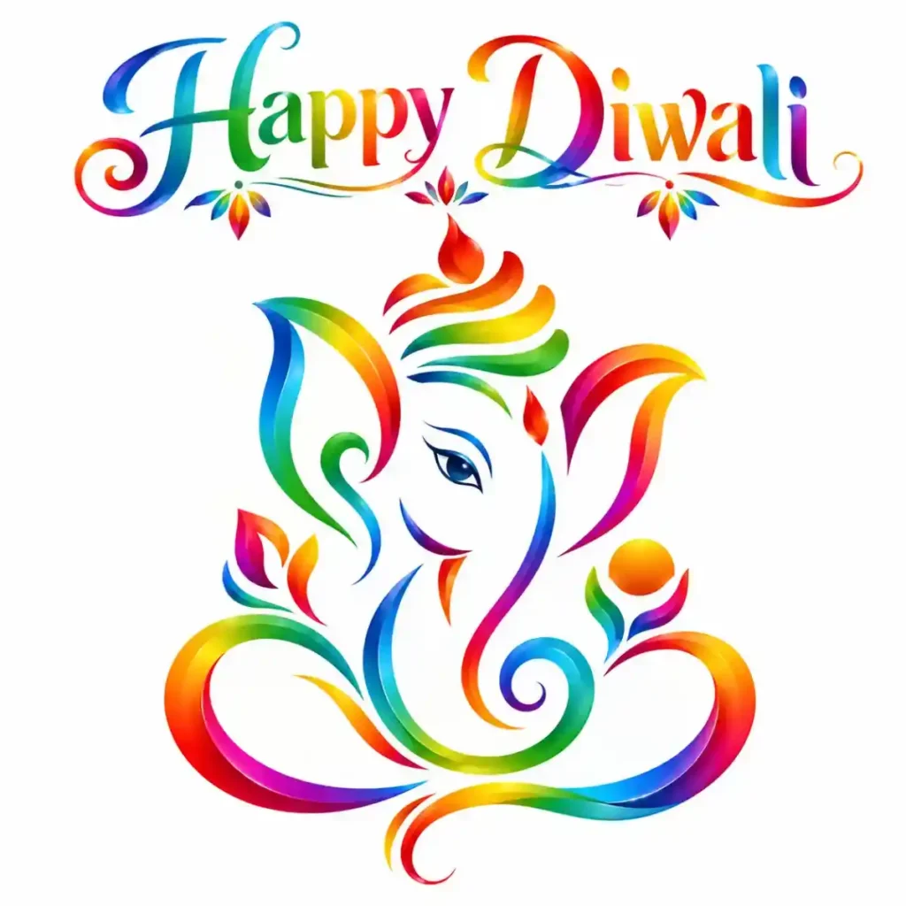 Happy Diwali wishes design featuring colorful artistic Lord Ganesha artwork and vibrant multicolored lettering on a white background