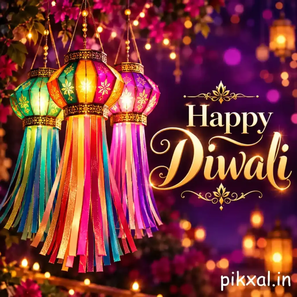 Happy Diwali wishes greeting with colorful hanging festive lanterns, golden tassels and glowing decorative lights