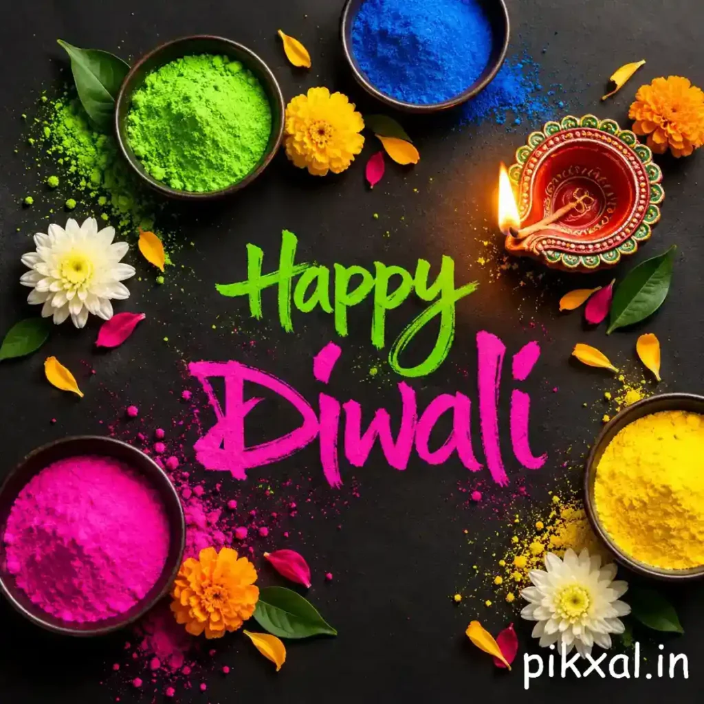 Happy Diwali wishes greeting surrounded by colorful powder bowls, flowers and a decorative diya on a dark background