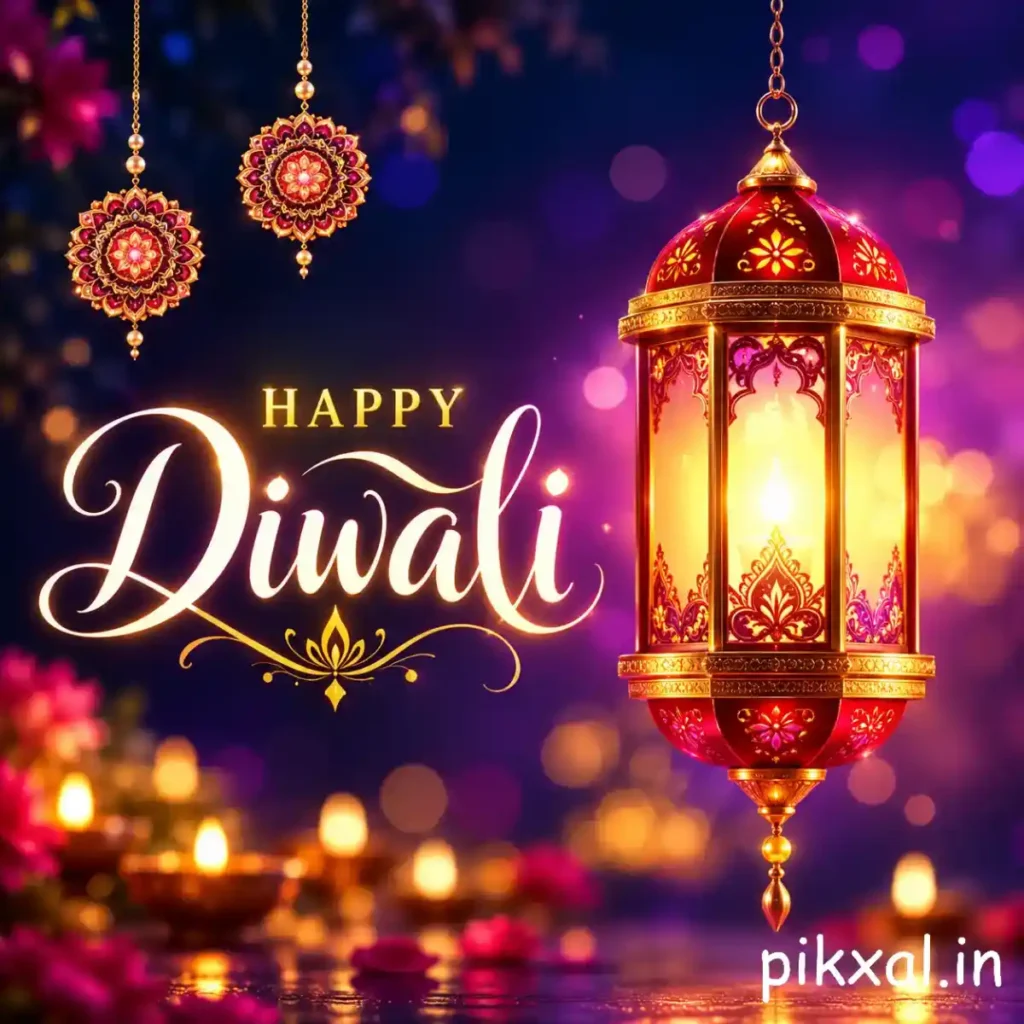 Happy Diwali wishes image featuring an ornate glowing hanging lantern, golden decorations and colorful festive lights