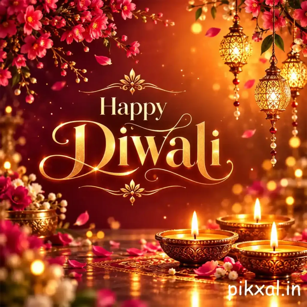 Happy Diwali wishes image with red flowers, hanging golden lanterns and glowing decorative diyas