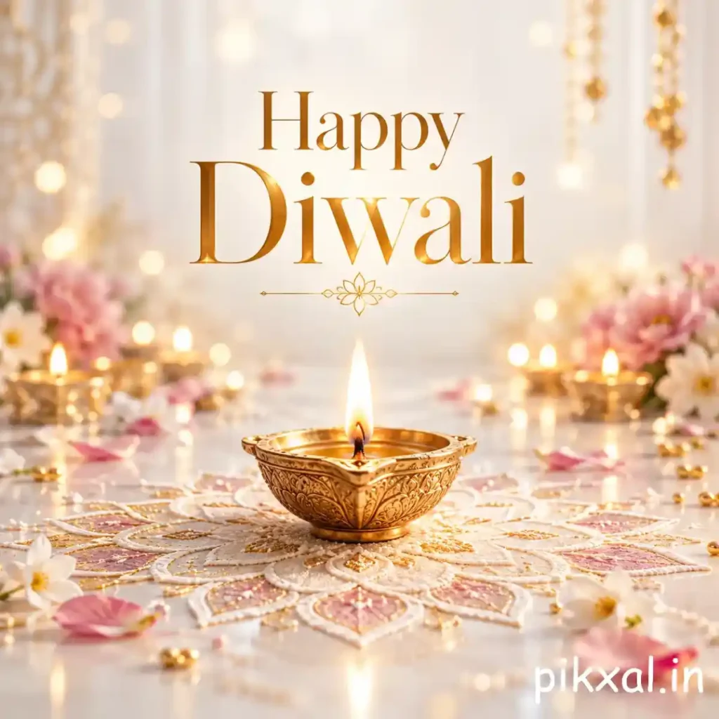 Happy Diwali wishes greeting with a golden decorative diya, delicate floral details and an elegant white background