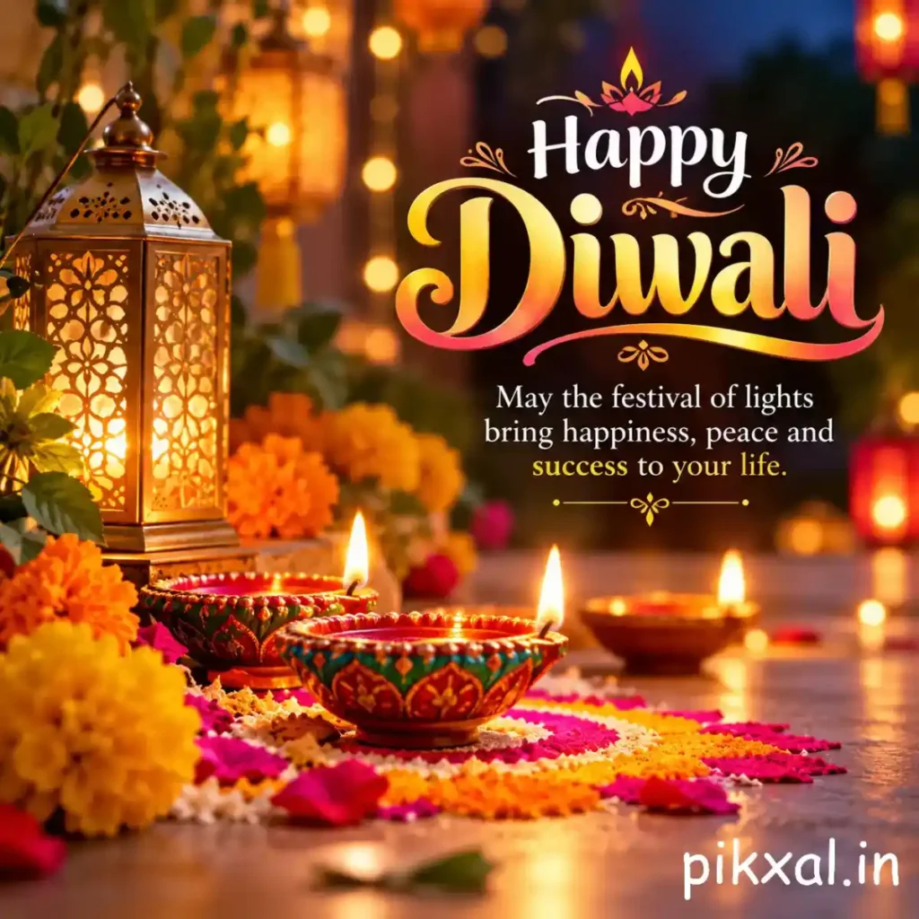 Happy Diwali wishes greeting with a glowing ornamental lantern, marigold flowers, colorful rangoli and festive lights