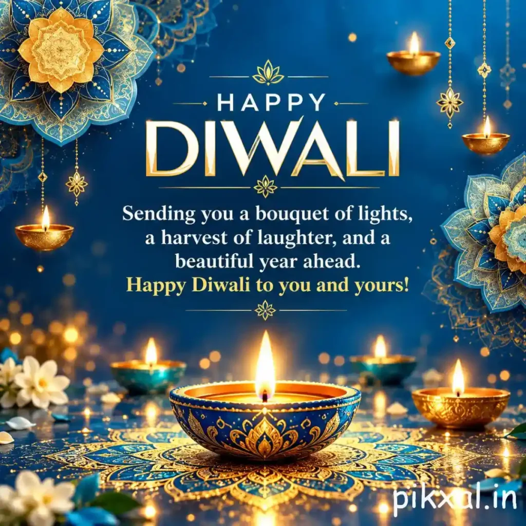 Happy Diwali wishes quotes featuring blue and gold decorative diyas with a message wishing laughter, light, and a beautiful year ahead.