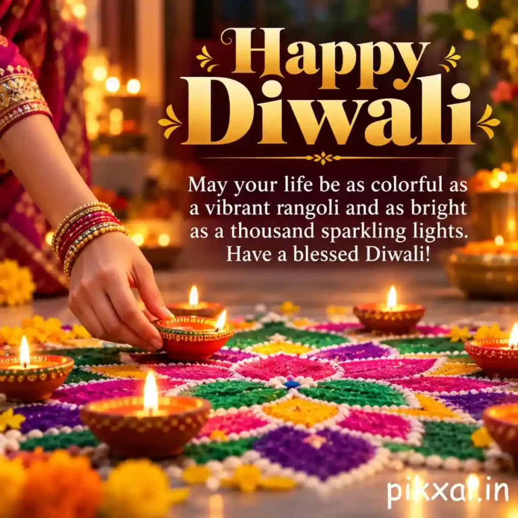Happy Diwali wishes quotes featuring a hand placing a lit diya on vibrant rangoli, with a message wishing a colorful and blessed Diwali.