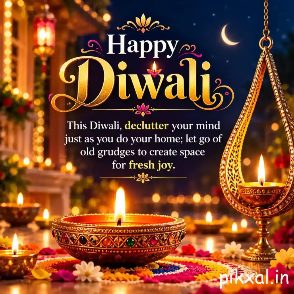 Happy Diwali wishes quotes featuring ornate diyas, a hanging brass lamp and a crescent moon, with a message about releasing old grudges and welcoming fresh joy.