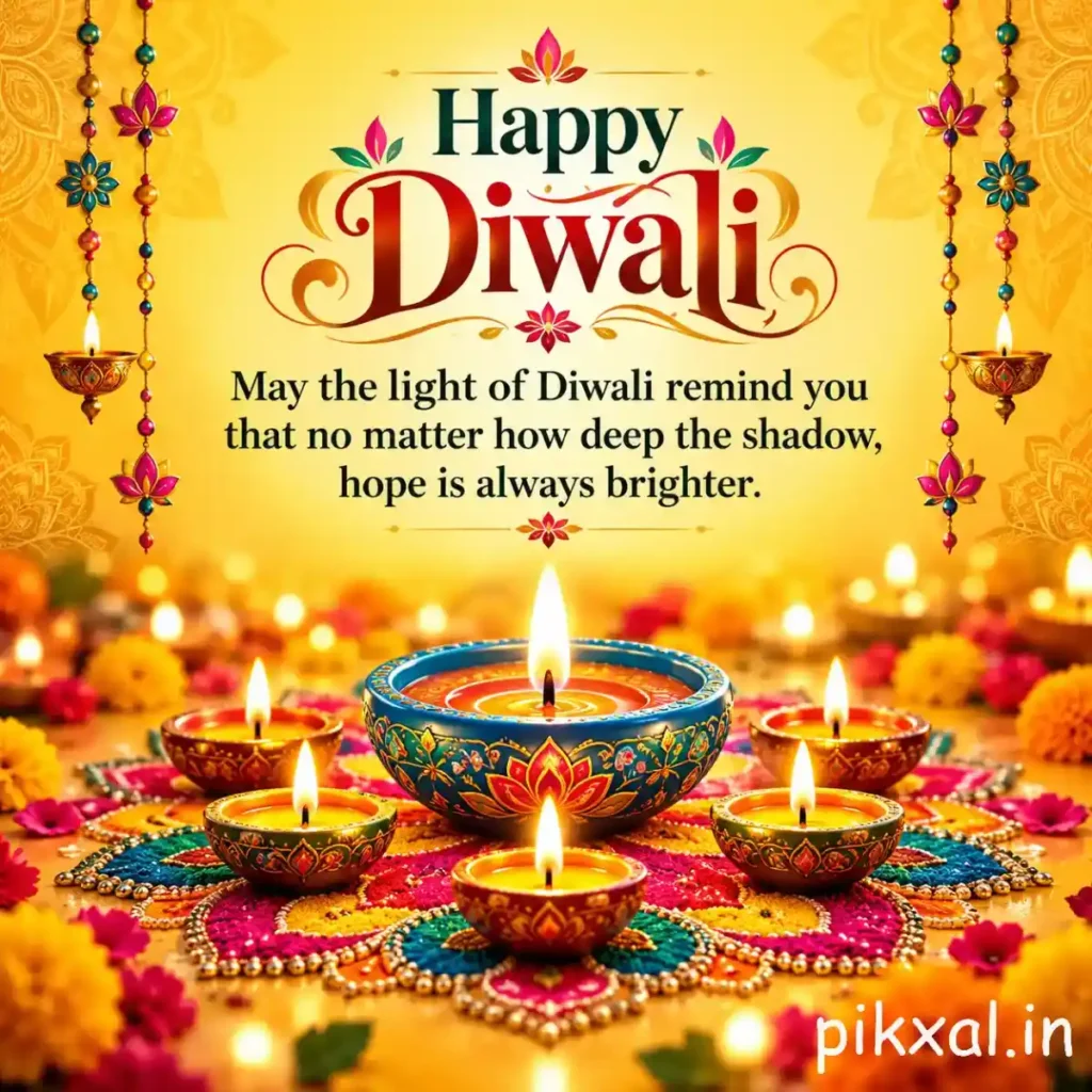 Happy Diwali wishes quote with colorful diyas, rangoli, and the message that hope always shines brighter than the deepest shadow.