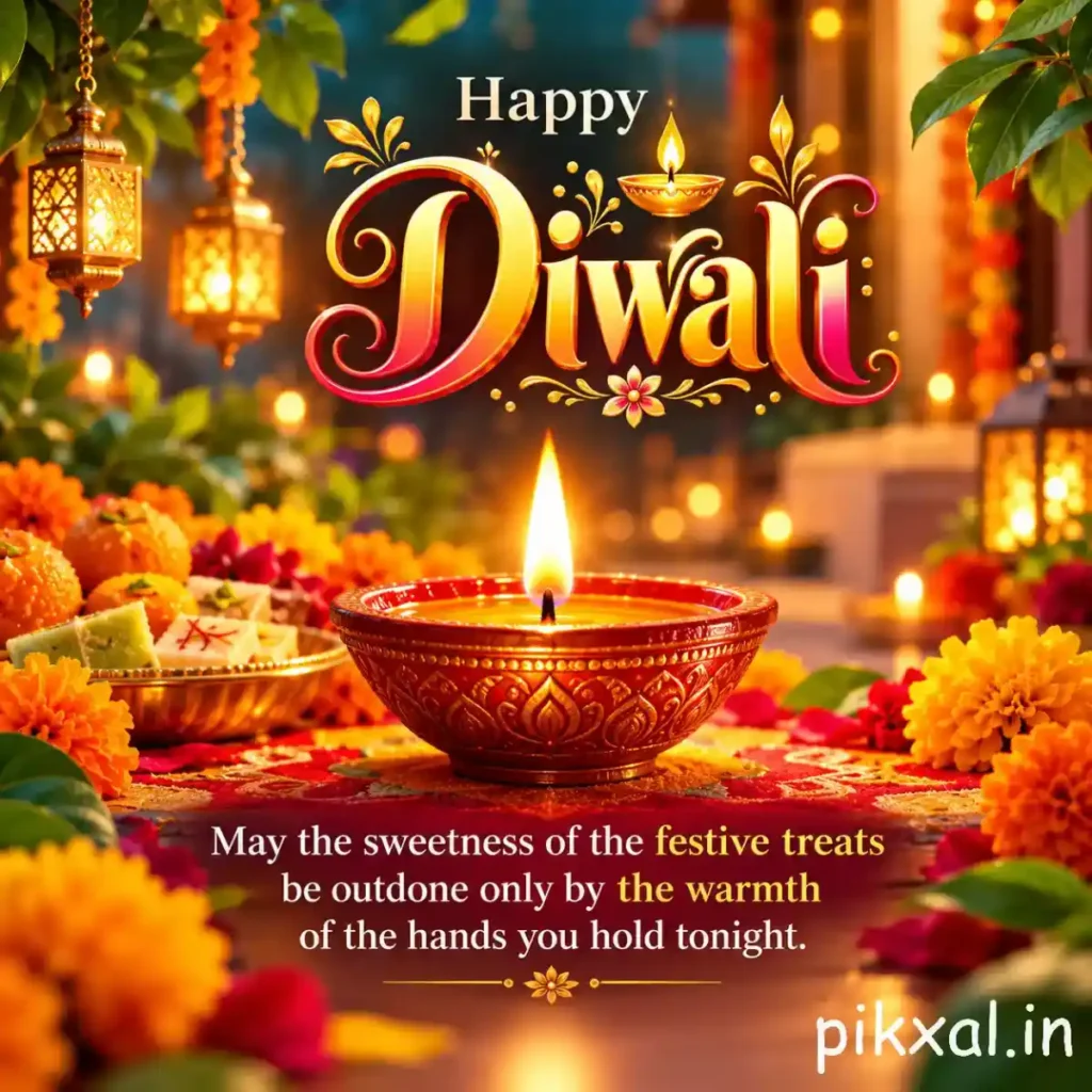 Happy Diwali wishes quote with a glowing diya, marigold flowers, and a message about the sweetness of festive treats and the warmth of hands that hold you tight.
