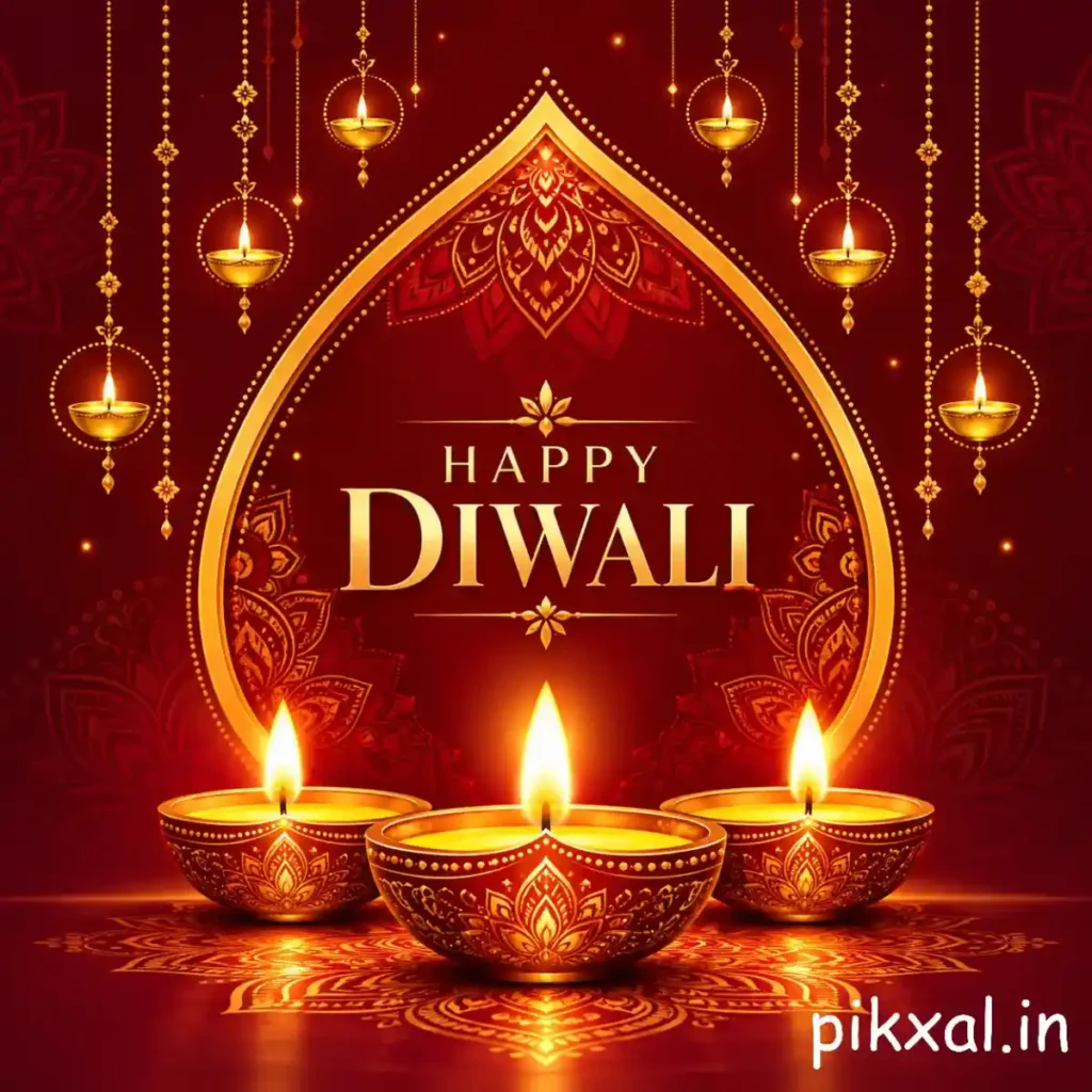Happy Diwali wishes image featuring three glowing decorative diyas beneath an ornate red and golden arch