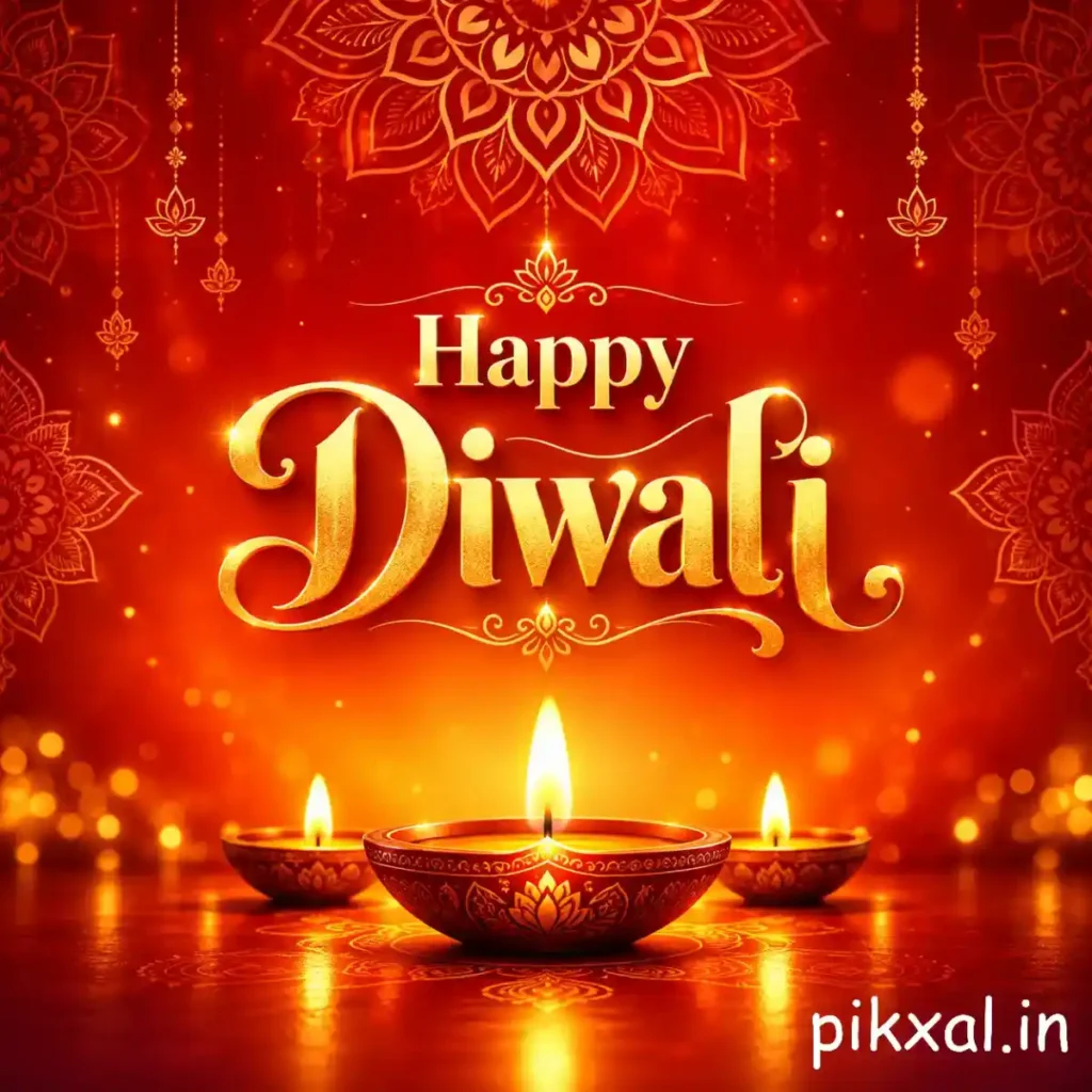 Happy Diwali wishes image featuring three glowing diyas, golden ornamental patterns and a rich red festive background