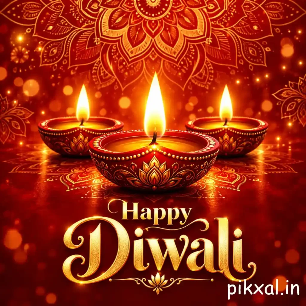 Happy Diwali wishes greeting with three ornate glowing diyas against a rich red background with golden patterns