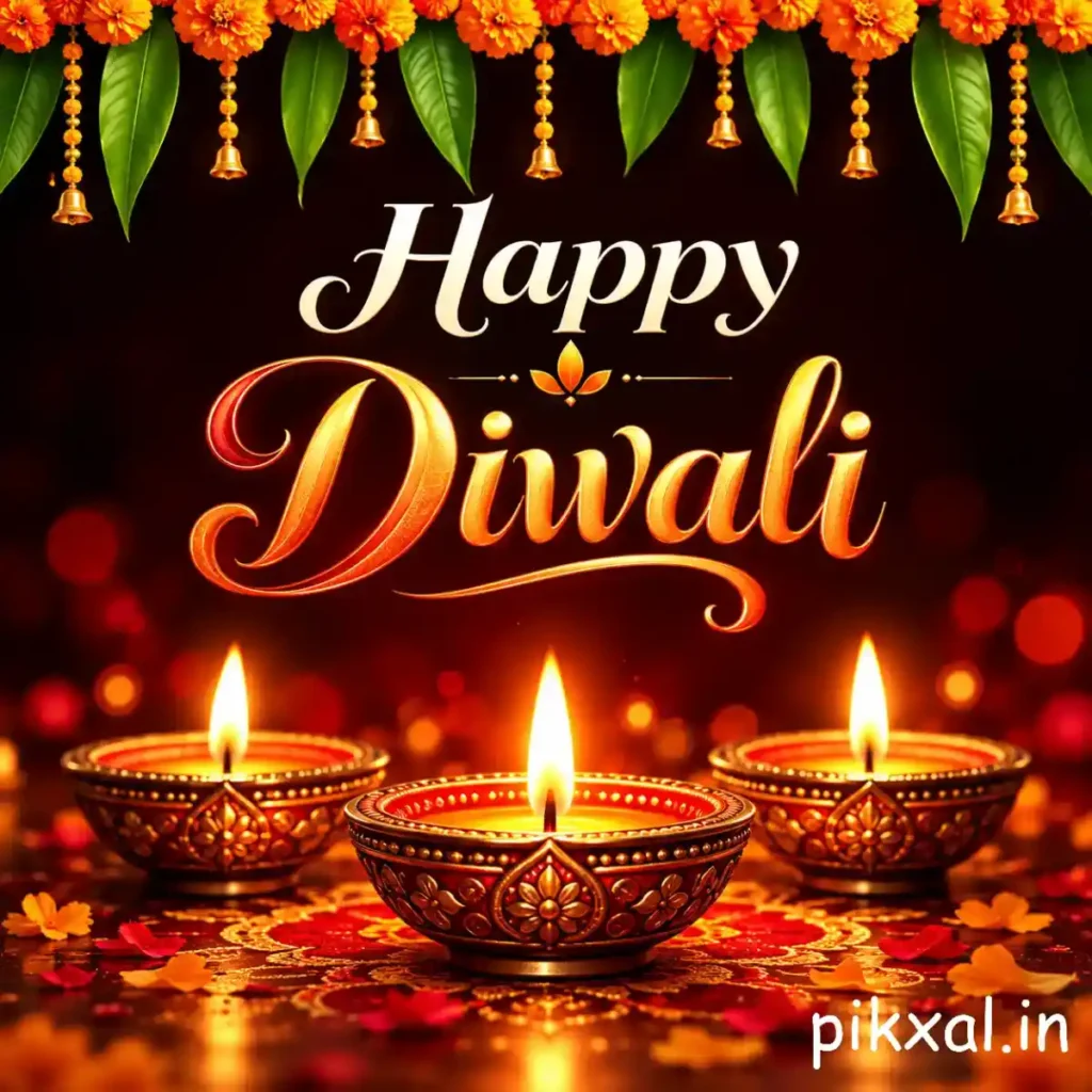 Happy Diwali wishes image with three decorative glowing diyas and a hanging marigold and mango leaf garland