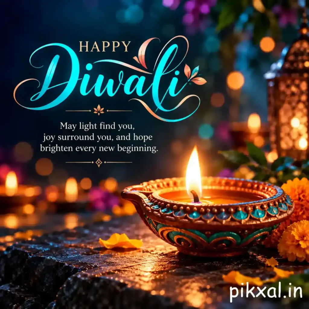 Happy Diwali wishes image featuring a turquoise and golden decorative diya with warm bokeh lights and a message of hope