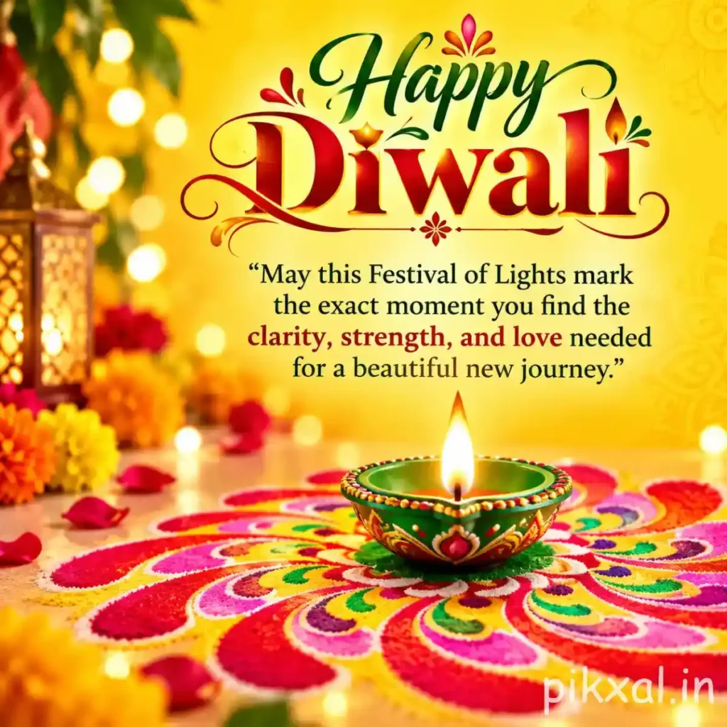 Happy Diwali image with ornate green and red lettering, a decorated green diya, colorful rangoli and marigold flowers on a bright yellow background.