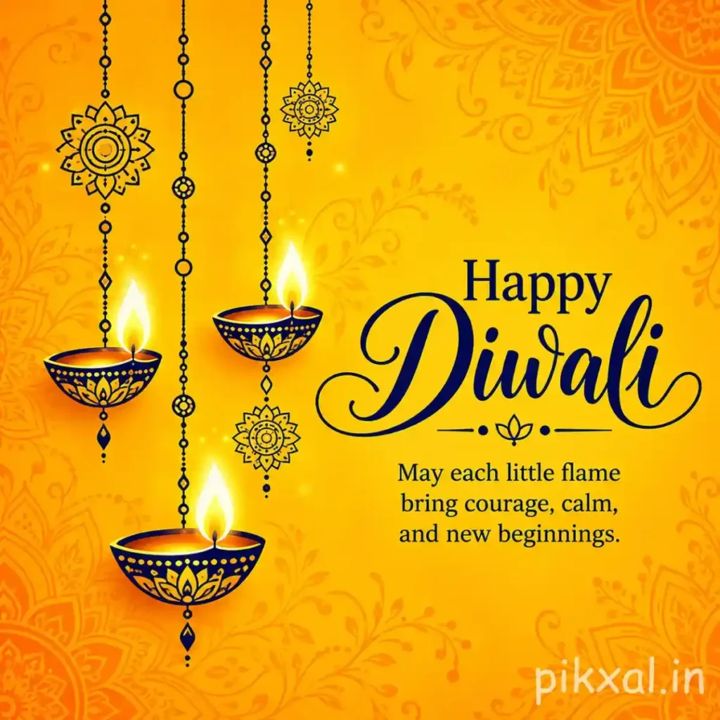 Happy Diwali wishes image with three hanging navy-blue diyas, intricate orange mandala patterns and an elegant festive greeting on a bright yellow background.