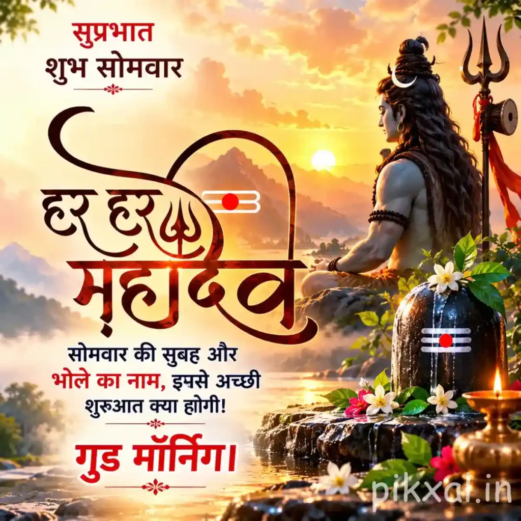 Har Har Mahadev Good Morning Monday God Images featuring a holy Shivling.
