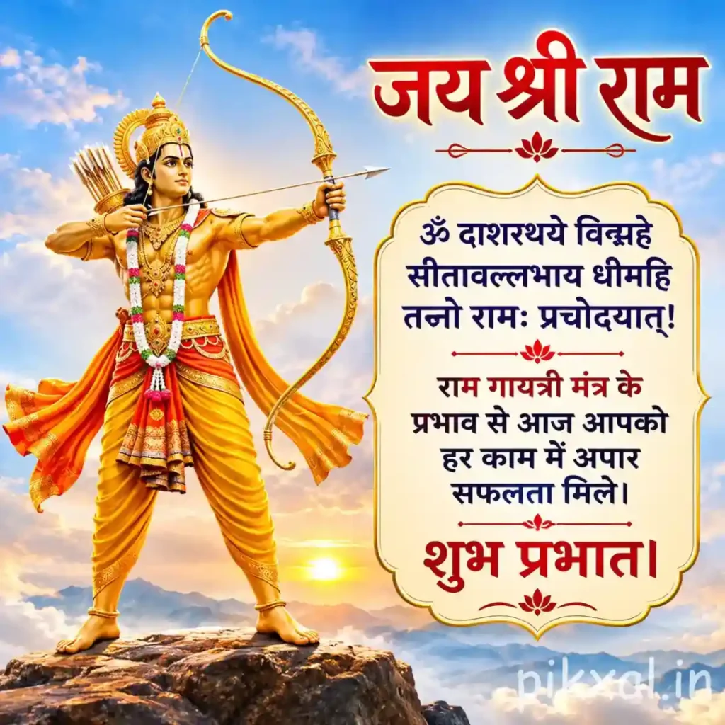 Hindu God Images depicting Lord Rama drawing his bow against a bright blue sky and mountain landscape