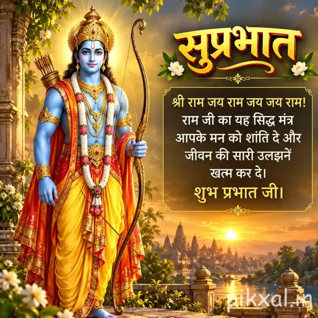 Hindu God Images depicting Lord Rama standing with a bow and arrow against a golden sunrise