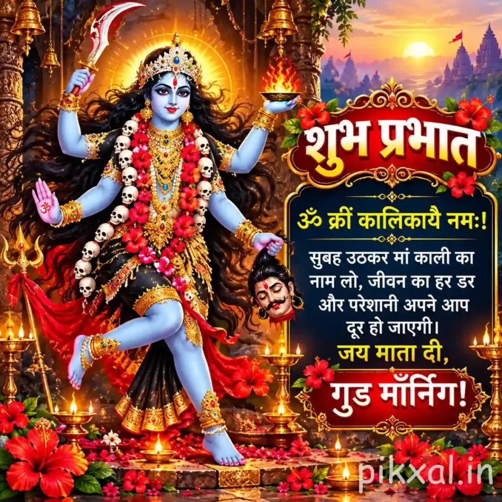Hindu God Images depicting Goddess Kali standing with multiple arms and a trident in a temple setting