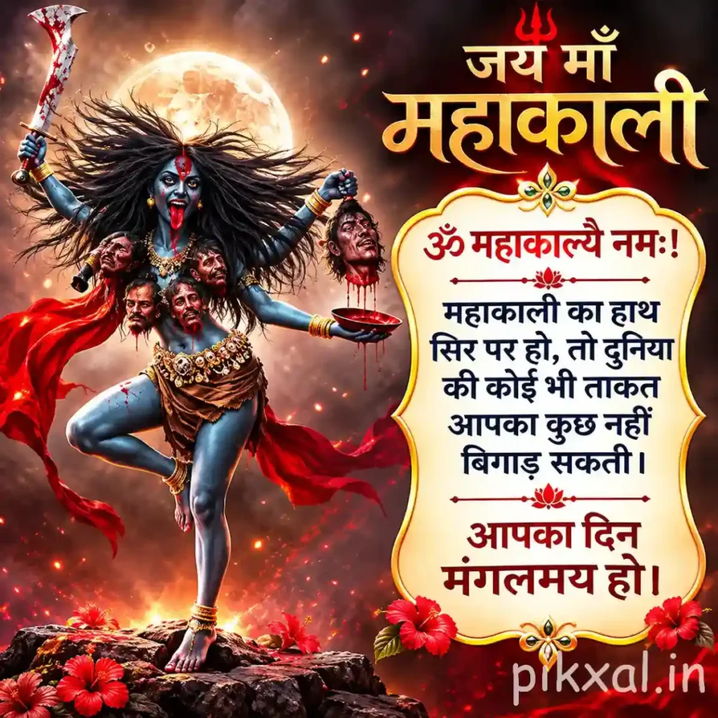 Hindu God Images showing Goddess Mahakali with multiple arms and a flowing red garment against a dramatic background