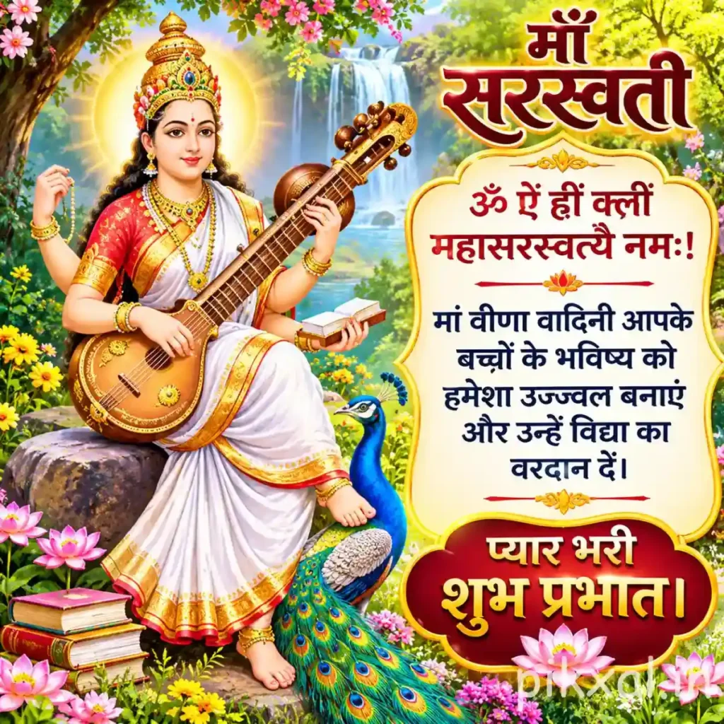 Hindu God Images featuring Goddess Saraswati holding a veena and seated on a white lotus beside a peacock