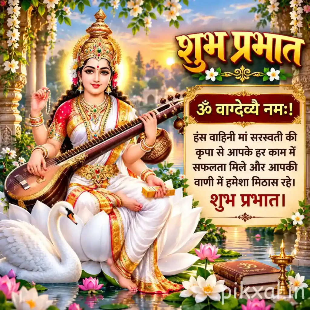 Hindu God Images featuring Goddess Saraswati holding a veena with a white swan and lotus flowers beside her