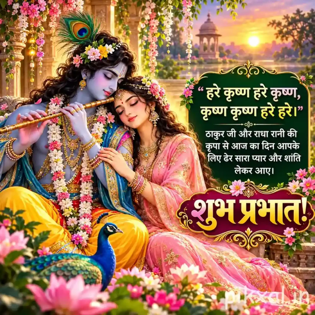 Hindu God Images showing Radha and Krishna together among pink lotus flowers and lush greenery