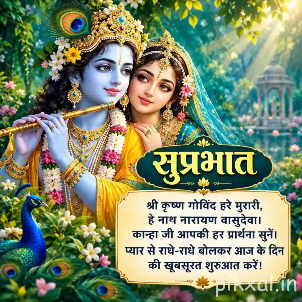 Hindu God Images showing Radha and Krishna together in a lush garden with colorful flowers and peacock feathers
