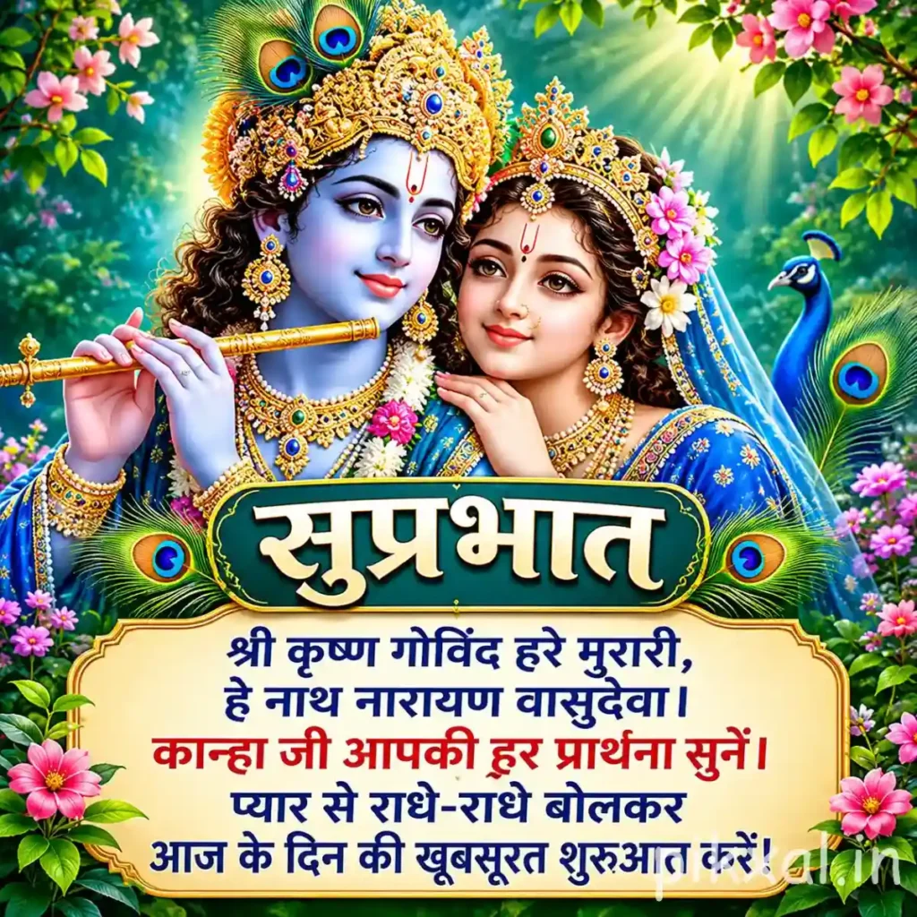 Hindu God Images featuring Lord Krishna playing the flute beside Radha in a colorful flower garden