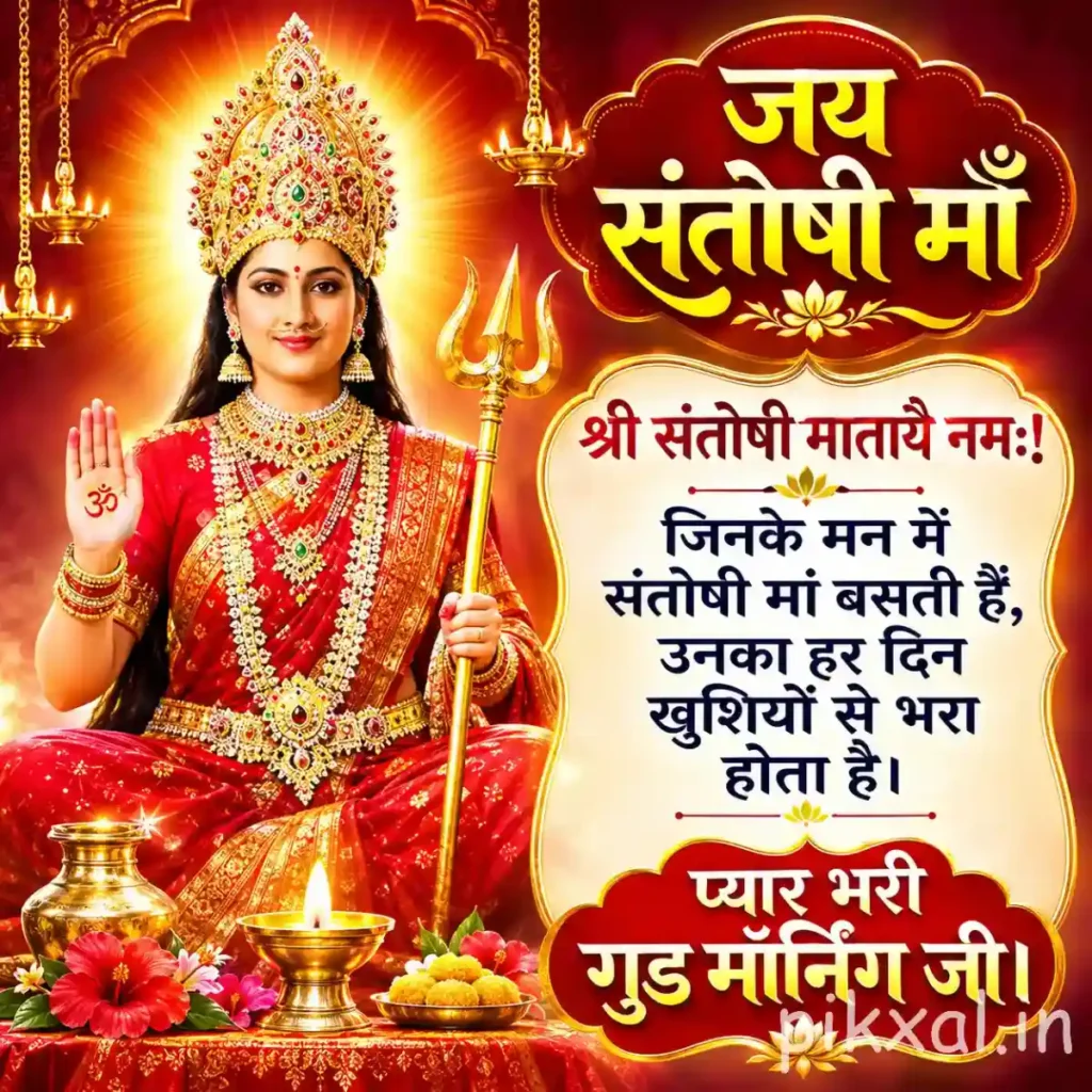 Hindu God Images showing Santoshi Maa seated on a lotus throne with a golden crown and glowing temple lights