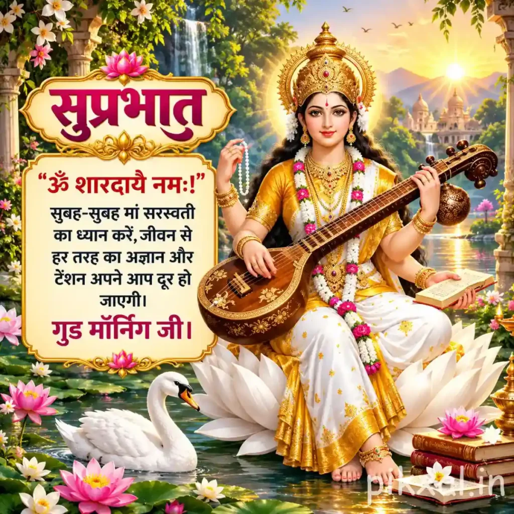 Hindu God Images depicting Goddess Saraswati with a veena, white swan and pink lotus flowers