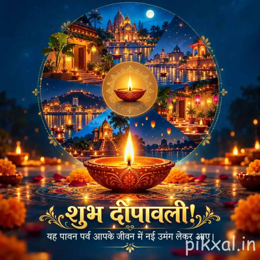 Images of Shubh Diwali featuring a glowing diya, illuminated temple architecture and a festive Ayodhya-inspired scene