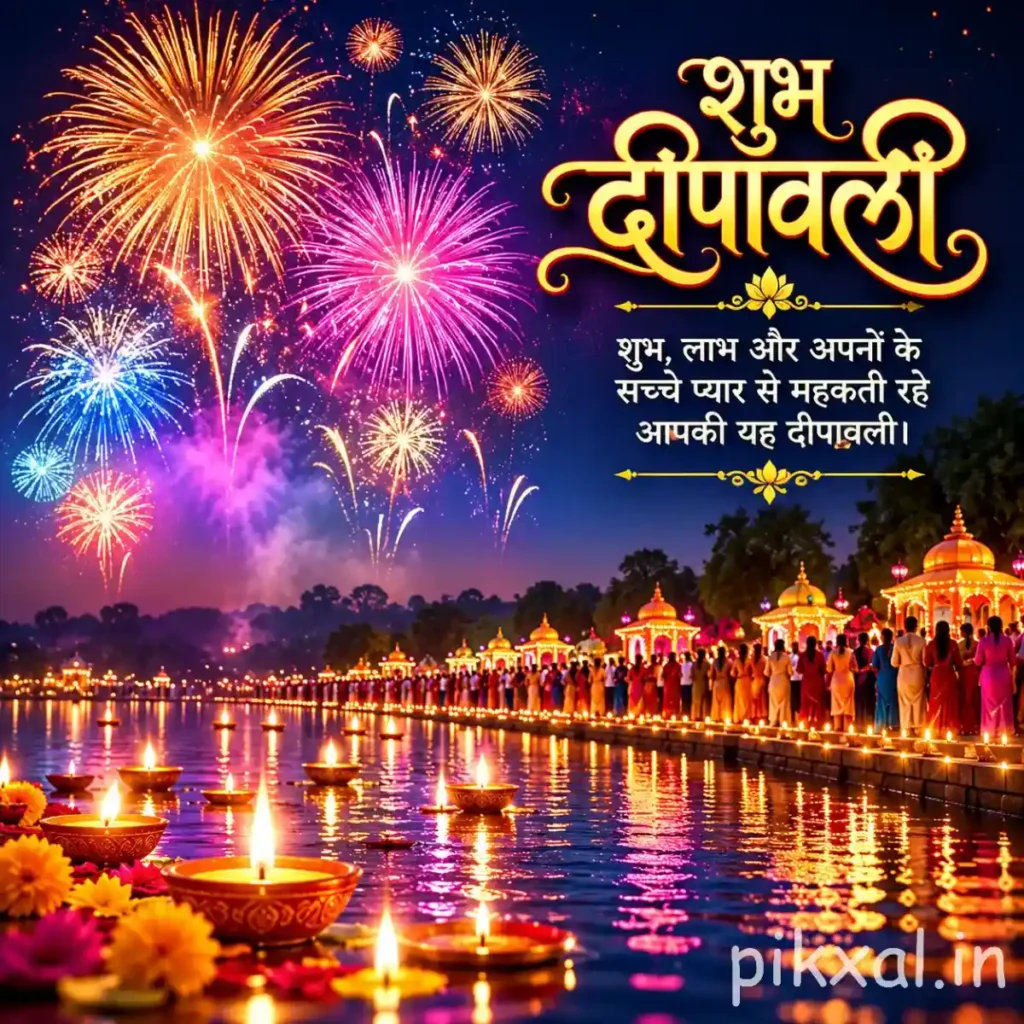 Images of Shubh Diwali featuring colorful fireworks, glowing diyas along a river and शुभ दीपावली wishes in Hindi