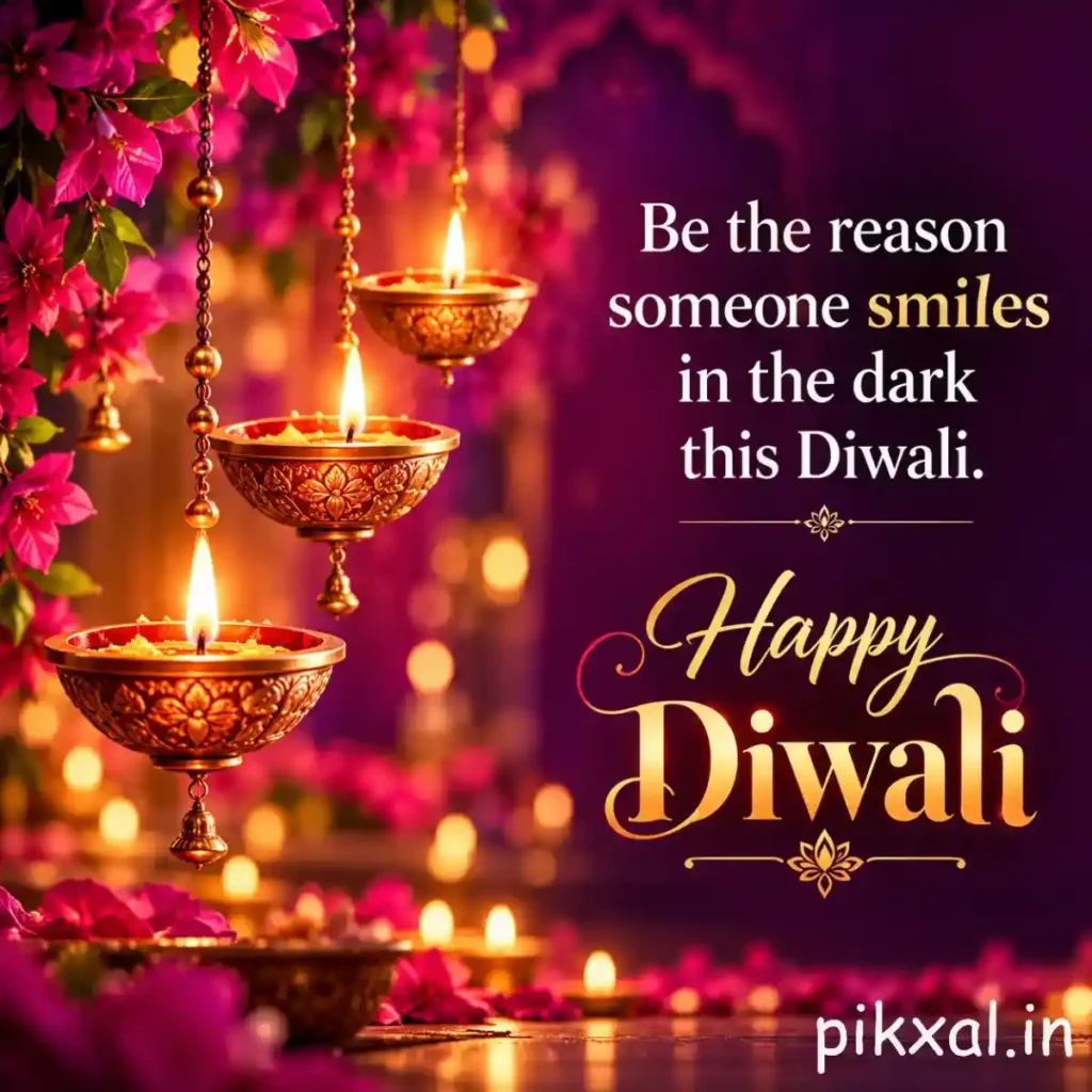 Happy Diwali inspirational quote with hanging diyas, pink flowers, and the message &ldquo;Be the reason someone smiles in the dark this Diwali.&rdquo;