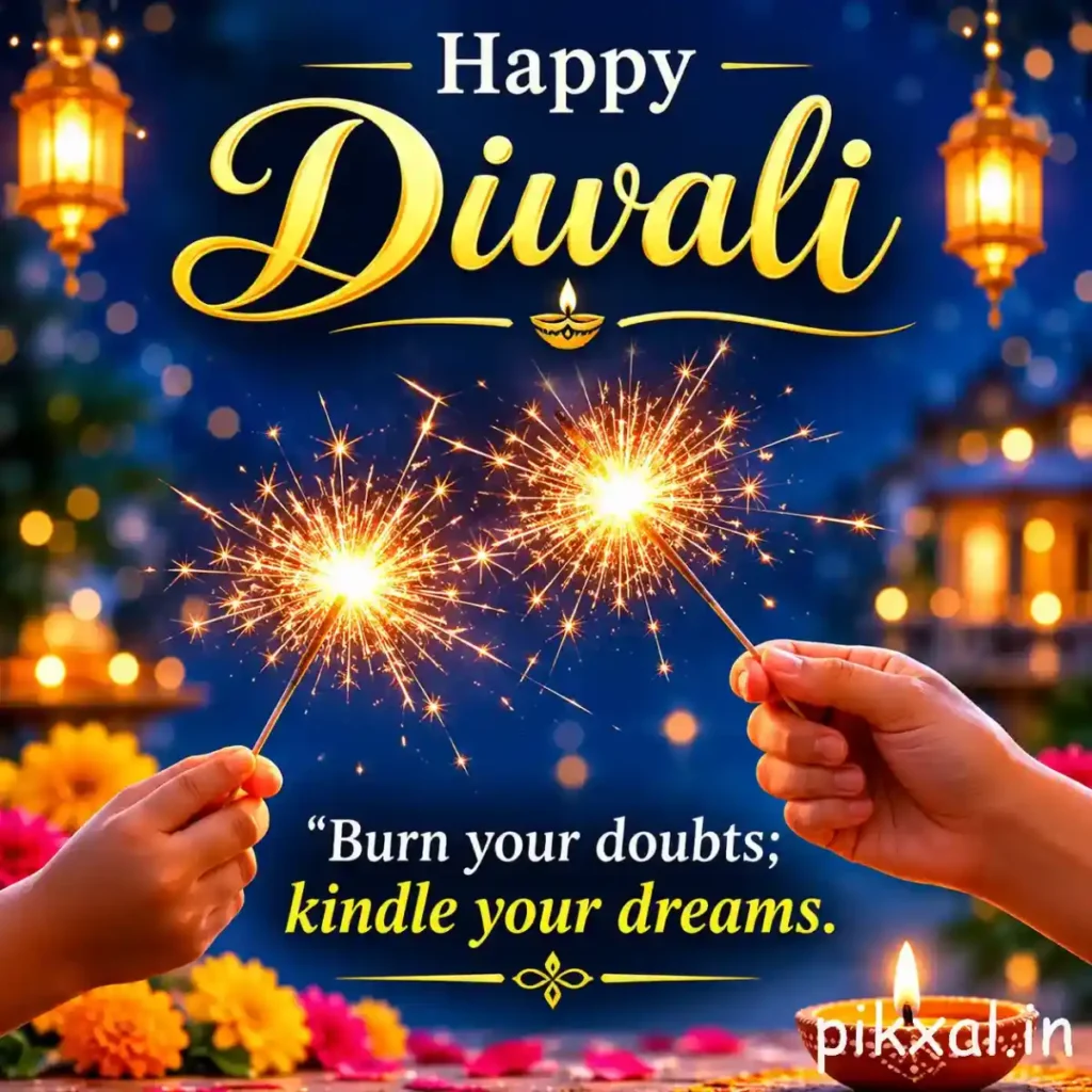 Happy Diwali inspirational quote featuring sparklers against a deep blue background with the message &ldquo;Burn your doubts; kindle your dreams.&rdquo;