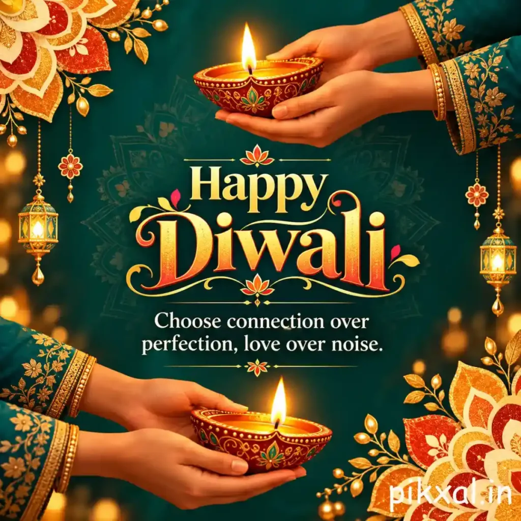 Inspirational Diwali quote featuring hands holding a lit diya against a green floral background with the message &ldquo;Choose connection over perfection, love over noise.&rdquo;