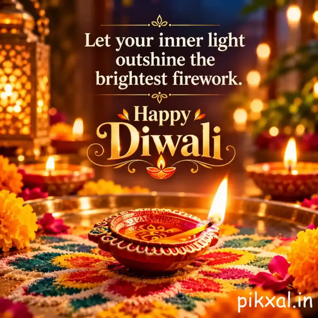 Inspirational Diwali quote with a glowing decorative diya on colorful rangoli and the message &ldquo;Let your inner light outshine the brightest firework.&rdquo;