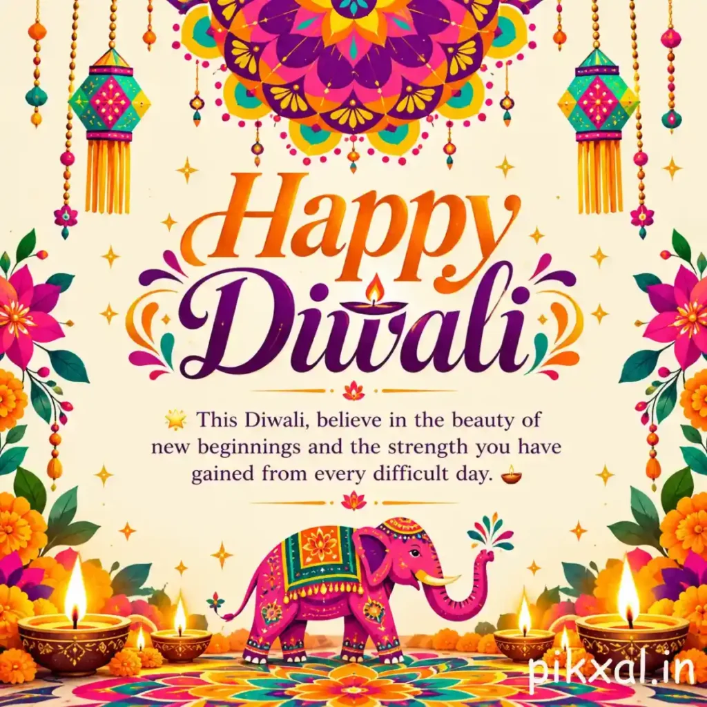 Happy Diwali inspirational quotes with colorful festive decorations, hanging lanterns, and an elephant illustration on a cream background.