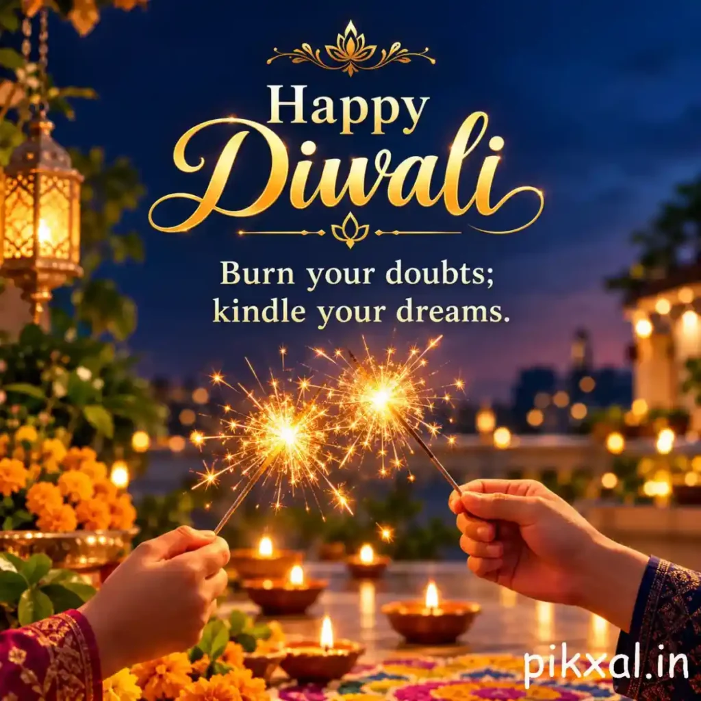 Inspirational Diwali quotes featuring sparklers, glowing diyas, and the message &ldquo;Burn your doubts; kindle your dreams.&rdquo;