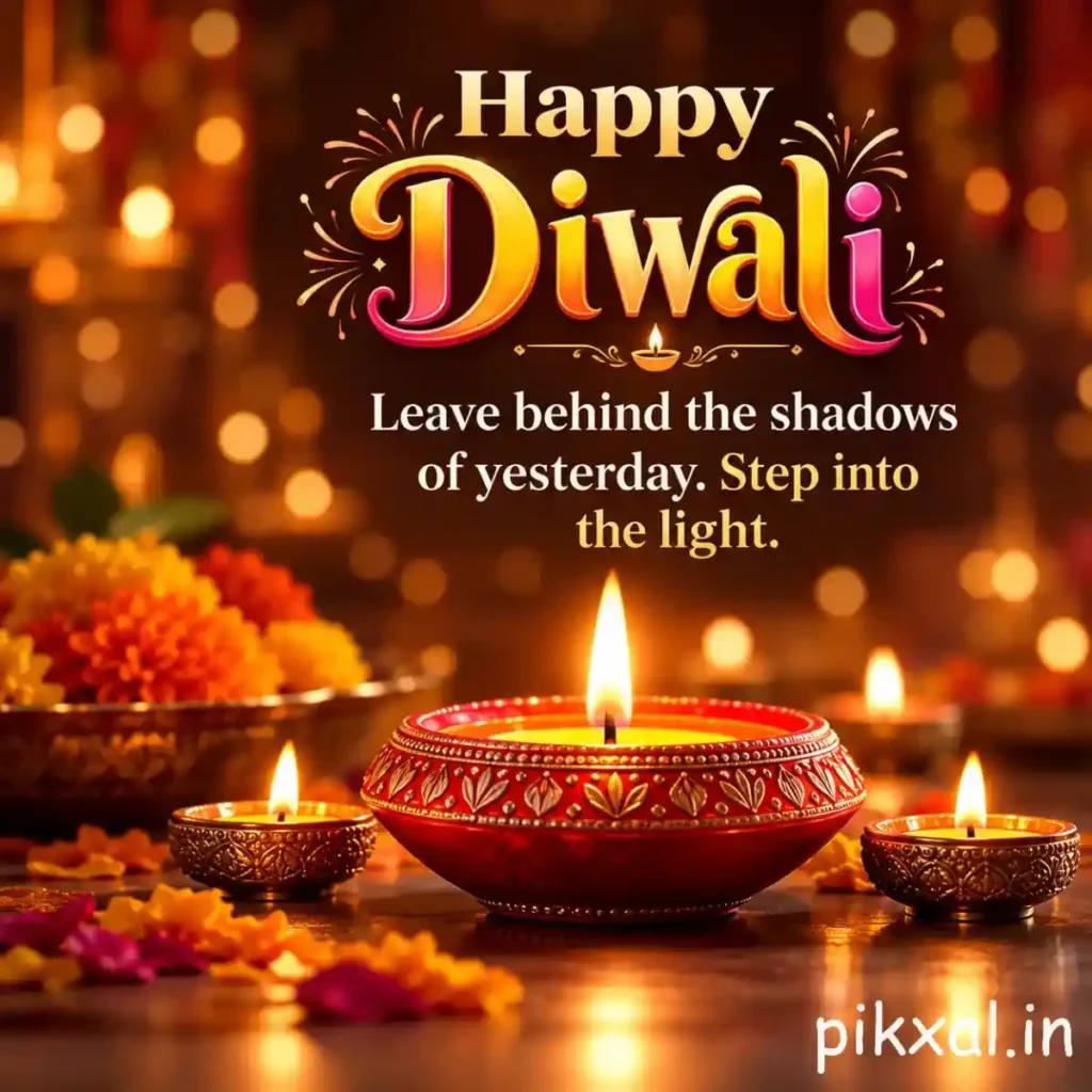 Inspirational Happy Diwali quote featuring a glowing decorative diya and the message &ldquo;Leave behind the shadows of yesterday. Step into the light.&rdquo;